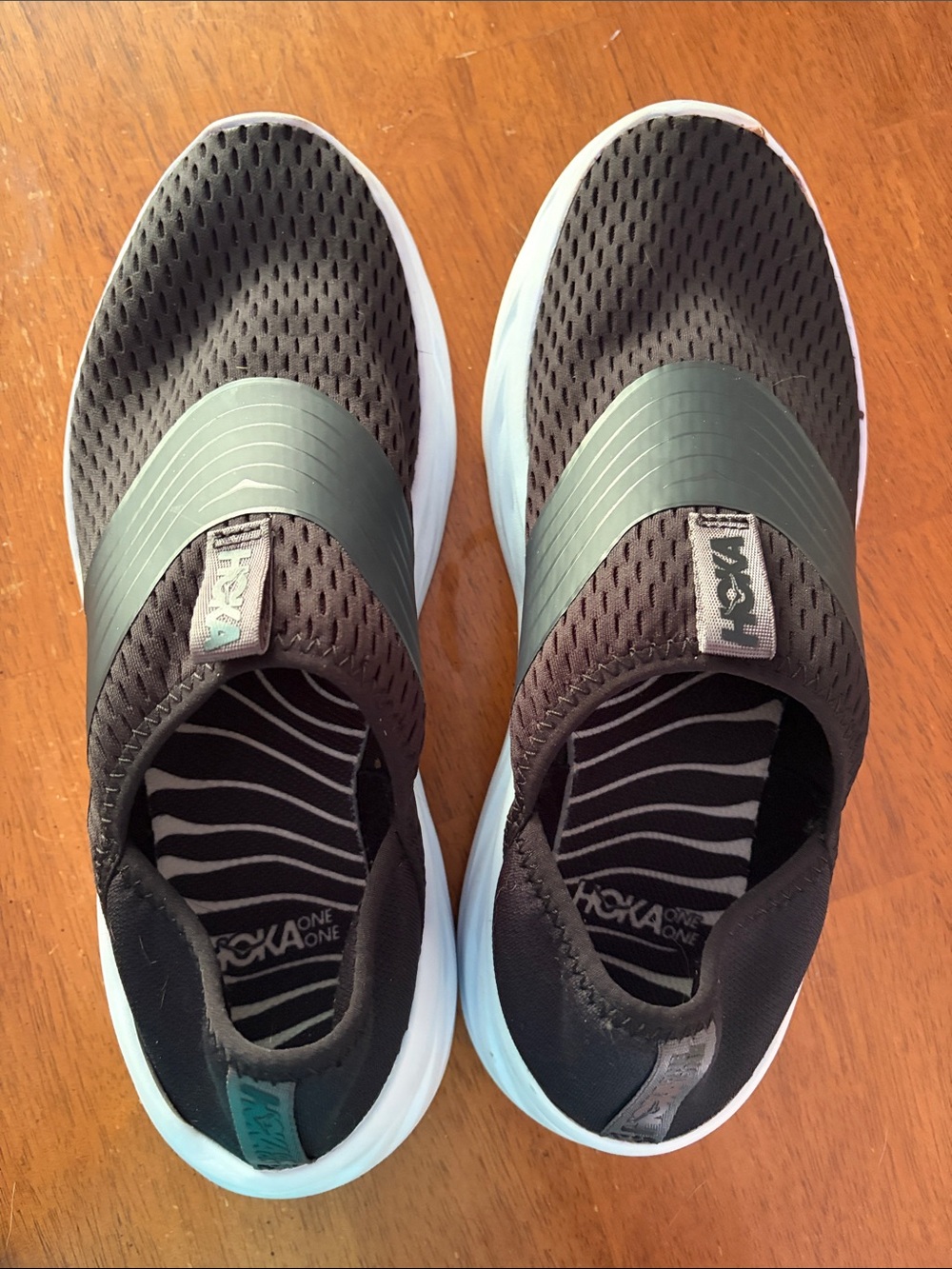 Women’s Hoka One One Black and White Slip-On recover Athletic Shoes
